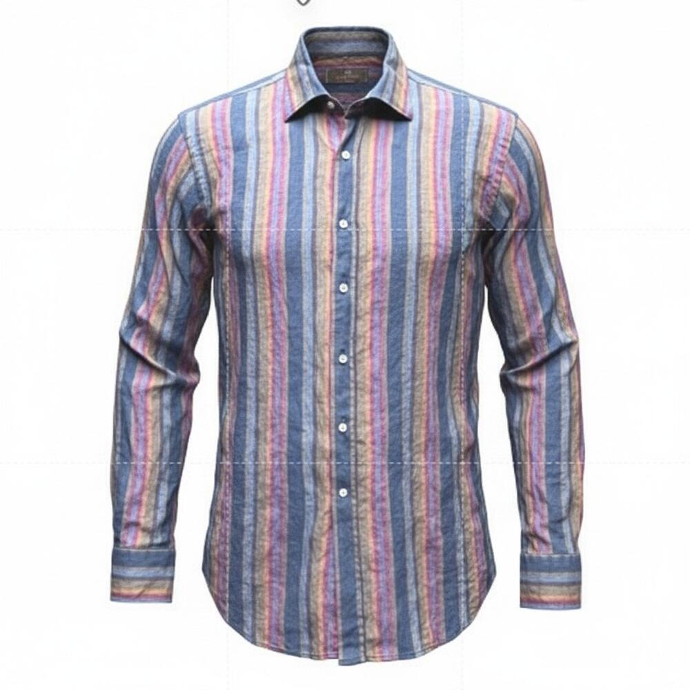 Etro Milano Button Up Shirt Men XL/42 Multicolor 100% Pure Linen LS Stripe Italy